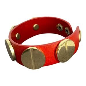 Red Faux Leather Gold Tone Screw Snap On Wide Bracelet